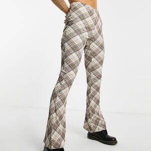 Topshop crinkled flared pants in neutral check print